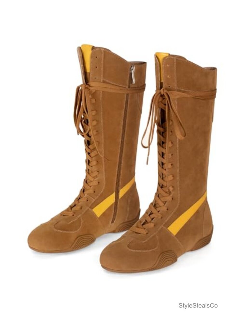 Faux Suede Knee High Lace Up Boxing Boots Side Zipper Non-Slip Sole Streetwear